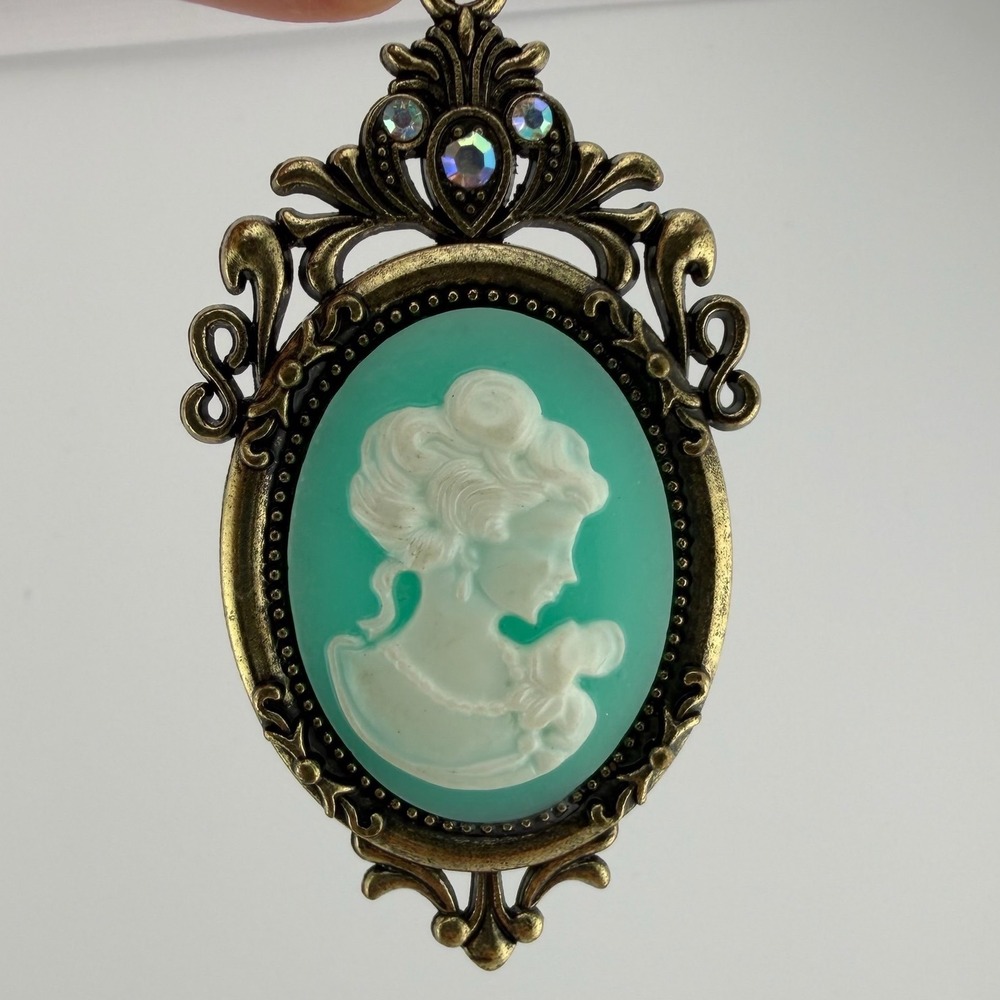 Cameo Pendant Large Mint Green Bronze Victorian Rhinestone